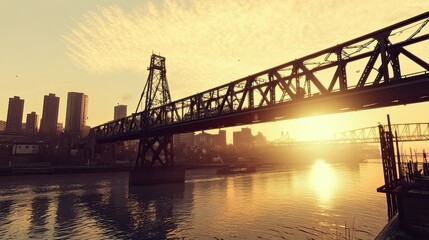 Fototapeta premium Train crossing a high bridge over a river during sunset, casting a dramatic silhouette against the colorful sky.
