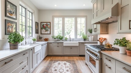 Fototapeta premium Modern Kitchen with White Cabinets, Stainless Steel Appliances, and a Rug