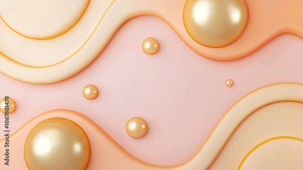 Poster colorful abstract background with smooth waves and golden spheres.