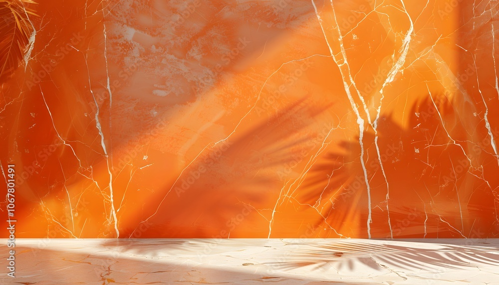 Poster abstract orange marble background with shadowy palm leaf patterns.