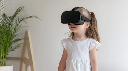 Fototapeta premium Child exploring virtual reality with goggles, modern indoor setting.