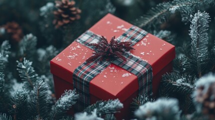 Red Gift Box Wrapped in Plaid Ribbon with Snowflakes on a Snowy Pine Branch