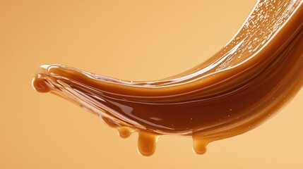 Close-up of caramel sauce dripping on a warm background.