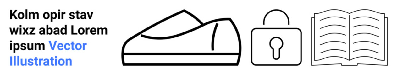 Sleek shoe, secure lock, and open book icons. Ideal for fashion, security, education, minimalist designs, infographics, website navigation, and instructional materials. Landing page