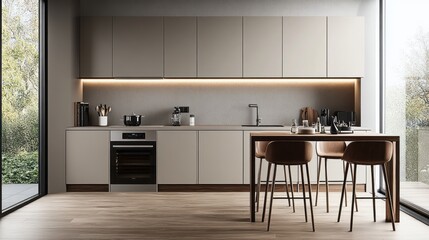 Modern Kitchen Interior with Grey Cabinets and Wooden Bar Stools