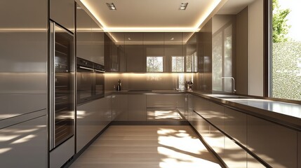 Fototapeta premium Modern Kitchen with Glossy Cabinets and Wooden Floor