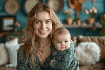 Happy mother holding newborn baby in minimal modern living room