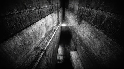 Generative AI, Dark, dramatic black-and-white architectural photograph of towering concrete walls with minimal light and sharp geometric contrasts
