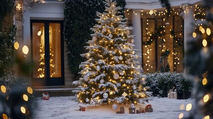 Beautifully decorated Christmas trees outdoors, embellished with light garlands and toys, celebrating the festive season.