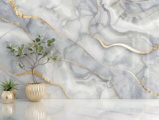 Elegant interior design featuring marble textures and decorative plants.