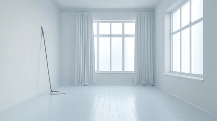 Fototapeta premium Bright Minimalist Room with Large Windows and Drapes