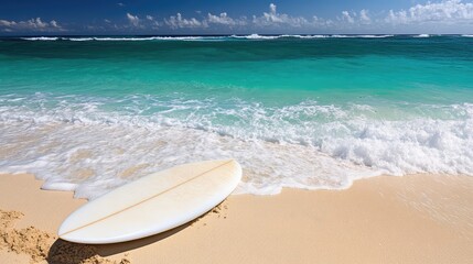 Obraz premium Serene Beach with Surfboard by Turquoise Waves