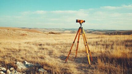 Naklejka premium Surveying Equipment on a Lush Prairie Landscape