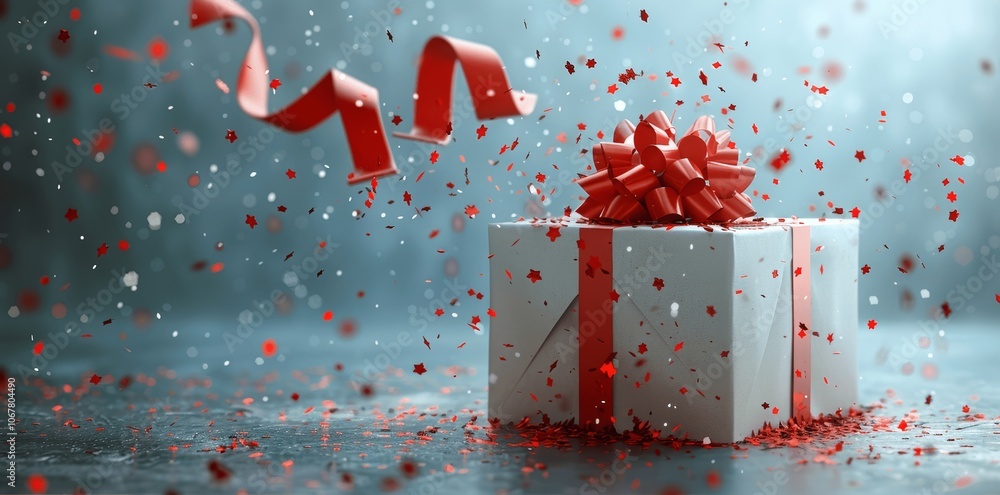 Poster open white gift box with red ribbon and bow on grey background 3d rendering minimal concept