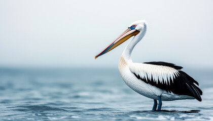 A serene pelican stands in calm waters, showcasing its distinct black and white feathers against a soft, muted background.