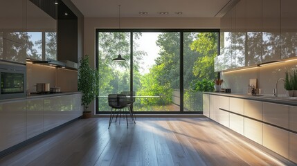 Obraz premium Modern Kitchen with Large Window Overlooking Lush Greenery