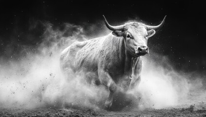 Dramatic black-and-white photograph of a charging bull in dynamic motion