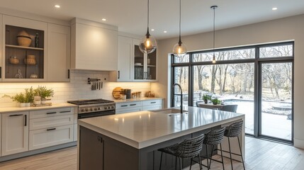 Fototapeta premium Modern Kitchen Island with White Cabinets and a View of a Snowy Backyard