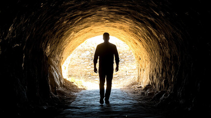 man walks alone in a dark underpass, with a bright light shining at the end of the tunnel, symbolizing hope, struggle, and the journey towards a brighter future