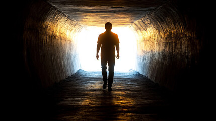 man walks alone in a dark underpass, with a bright light shining at the end of the tunnel, symbolizing hope, struggle, and the journey towards a brighter future