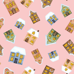 Watercolor snowy colorful houses seamless pattern For winter decoration Christmas 2025 print New Year ornament on pink background Old town For wrapping paper, wallpaper, baby design