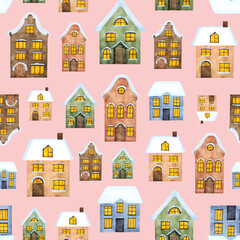 Watercolor snowy colorful houses seamless pattern For winter decoration Christmas 2025 print New Year ornament on pink background for wrapping paper, wallpaper, baby design Old town