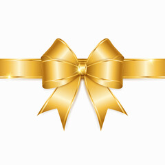 Gold shiny bow with ribbon on white background.