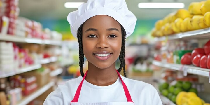 A young girl wearing a chef's hat and apron smiles confidently in a vibrant grocery store aisle filled with fresh produce.