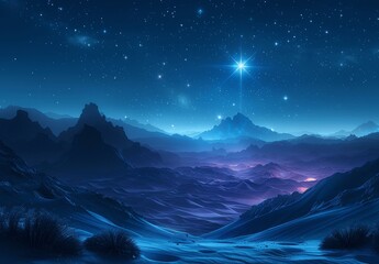 Bright Star in Night Sky Over Desert Landscape During Christmas Representing Jesus Birth in Bethlehem with Mountains and Hills Silhouettes
