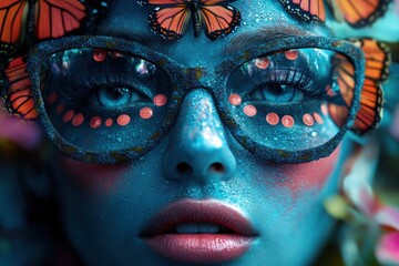A whimsical fantasy portrait emphasizing a woman's artistry with butterfly-themed glasses in dazzling colors, exuding creativity and artistic expression.