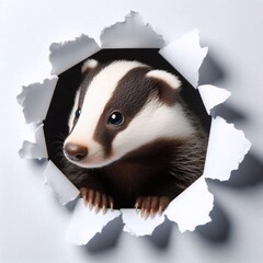 niedlicher kleiner Dachs schaut durch Loch in Wand