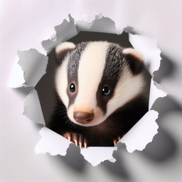 niedlicher kleiner Dachs schaut durch Loch in Wand