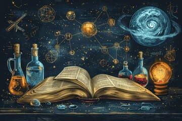 Hand Drawn Education Icons Chalkboard Background Open Book Science Symbols School Concept Illustration