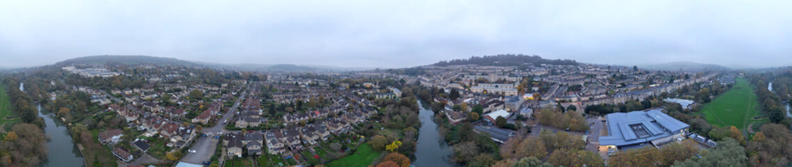 Aerial Panoramic View of Historical Walcot Bath City of England Which is Located in North East of Somerset, United Kingdom. High angle Footage Was Captured During Mostly Cloudy Early Morning