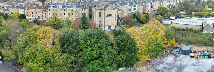 Aerial Panoramic View of Historical Walcot Bath City of England Which is Located in North East of Somerset, United Kingdom. High angle Footage Was Captured During Mostly Cloudy Early Morning