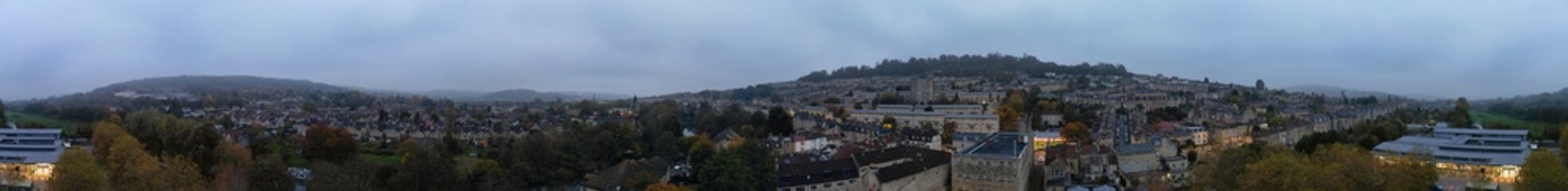 Aerial Panoramic View of Historical Walcot Bath City of England Which is Located in North East of Somerset, United Kingdom. High angle Footage Was Captured During Mostly Cloudy Early Morning