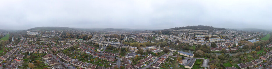 Aerial Panoramic View of Historical Walcot Bath City of England Which is Located in North East of Somerset, United Kingdom. High angle Footage Was Captured During Mostly Cloudy Early Morning