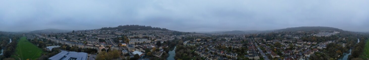 Aerial Panoramic View of Historical Walcot Bath City of England Which is Located in North East of Somerset, United Kingdom. High angle Footage Was Captured During Mostly Cloudy Early Morning