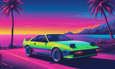 Outrun Synthwave style background with palm trees and a sunset, featuring vintage car ride on the road and neon lights