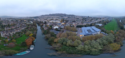Aerial Panoramic View of Historical Walcot Bath City of England Which is Located in North East of Somerset, United Kingdom. High angle Footage Was Captured During Mostly Cloudy Early Morning