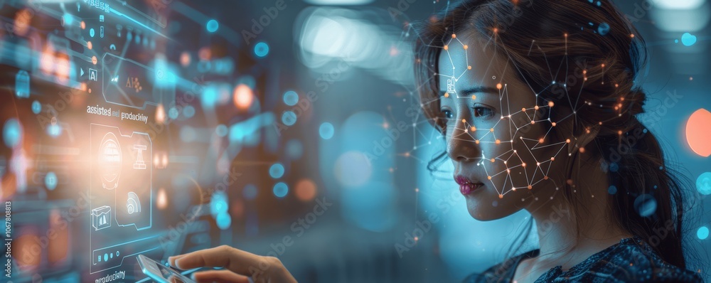 Aufkleber Businesswoman Utilizing AI Technology on Tablet with Digital Icons, Data Science, Software Development and Network Connection