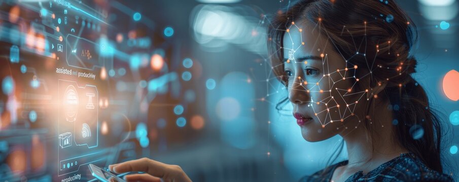 Businesswoman Utilizing AI Technology on Tablet with Digital Icons, Data Science, Software Development and Network Connection