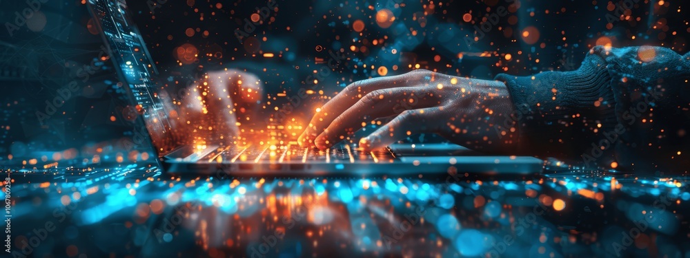 Aufkleber Digital Designer on Laptop Creating Website Design with Hologram Server Room Data Center Backgrounds Technology Concept