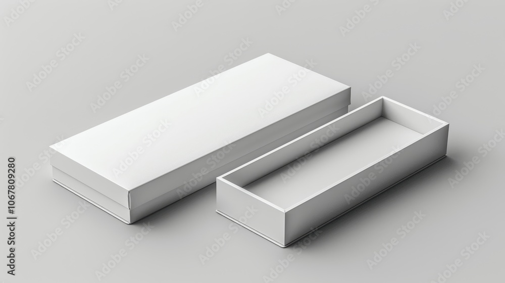 Poster white cardboard box packaging mockup with open and closed lid, 3d rendering, grey background, top vi
