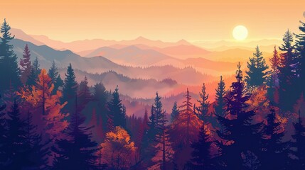 Obraz premium Sunset over a misty forest and mountain range