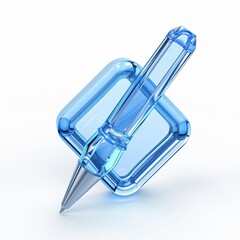 3D Blue Glass Checkmark Icon with Pen in Square, Edit Note Sign Document