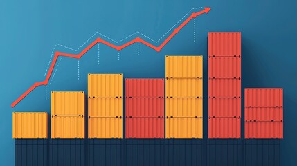 A colorful bar graph with overlaid trend line illustrates shipping container data analysis and growth metrics on a blue background.