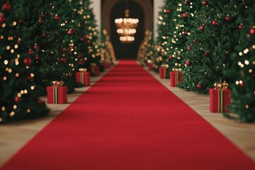 Festive Red Carpet Path through Christmas Trees