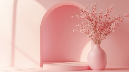 Minimalist pink pastel podium with elegant floral arrangements, perfect for product display, presentation
