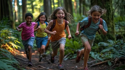 Fototapeta premium Kids Running through Forest